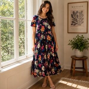 Blair Black Floral Pleated Maxi Dress Short Sleeve Rayon Boho Casual Womens L